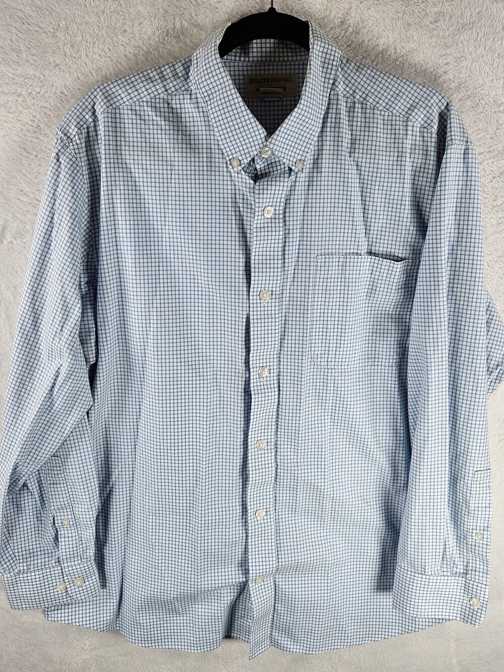Duluth Trading Wrinklefighter Button-Down Shirt Blue Check Men's Size Large